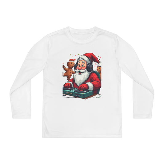 DJ Santa with Gingerbread, Youth Long Sleeve Tee | Christmas holiday music